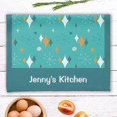 レトロヴィンテージアトミックティール(緑がかった色)スターバストパターン名 キッチンタオル