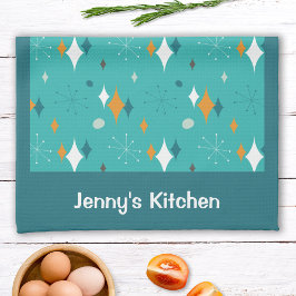 レトロヴィンテージアトミックティール（緑がかった色）スターバストパターン名 キッチンタオル