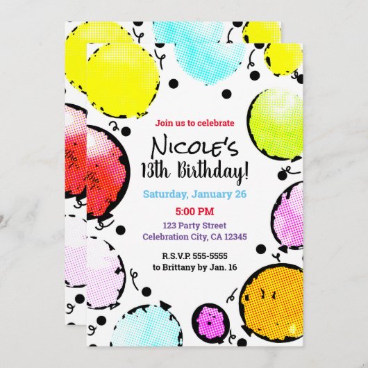 レトロヴィンテージアポップ・アートのート漫画バルーン誕生日 招待状 (正面/裏面)
