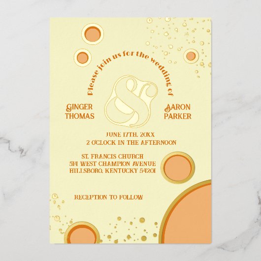 レトロヴィンテージアンパサンド結婚オレンジサークル金ゴールド 箔招待状 (正面)