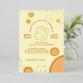 レトロヴィンテージアンパサンド結婚オレンジサークル金ゴールド 箔招待状 (立ち正面)