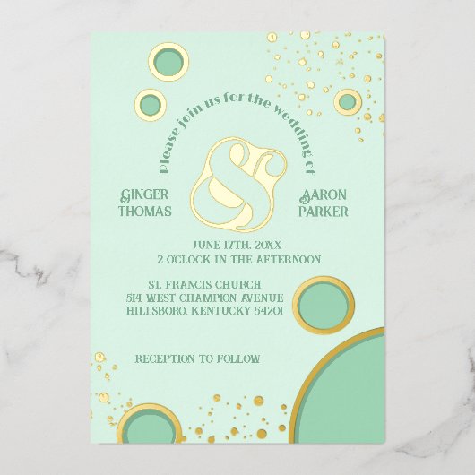 レトロヴィンテージアンパサンド結婚グリーンサークル金ゴールド 箔招待状 (正面)