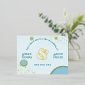 レトロヴィンテージアンパサンド青結婚円の金ゴールド 箔招待状ポストカード (立ち正面)