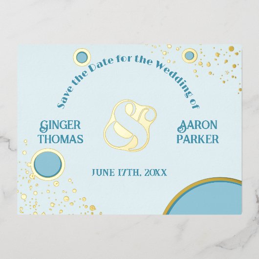 レトロヴィンテージアンパサンド青結婚円の金ゴールド 箔招待状ポストカード (正面)