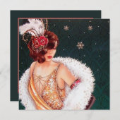 レトロヴィンテージアートdeco lady add message holiday シーズンカード (正面/裏面)