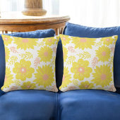 レトロヴィンテージイエローピーチファズフラワーパターン クッション