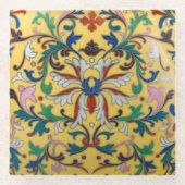 レトロヴィンテージイエローフローラミントンタイル植物学 ガラスコースター (正面)