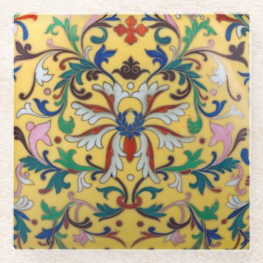 レトロヴィンテージイエローフローラミントンタイル植物学 ガラスコースター (正面)