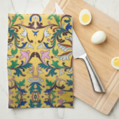 レトロヴィンテージイエローフローラミントンタイル植物学 キッチンタオル (四つ折り)