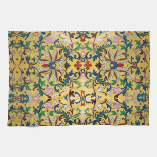 レトロヴィンテージイエローフローラミントンタイル植物学 キッチンタオル (横)