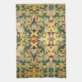 レトロヴィンテージイエローフローラミントンタイル植物学 キッチンタオル (縦)