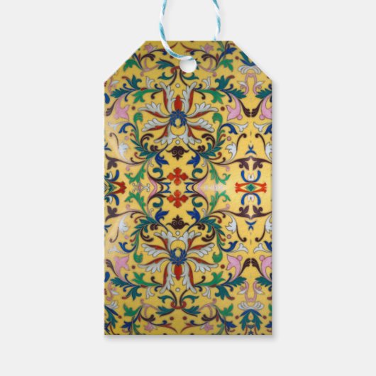 レトロヴィンテージイエローフローラミントンタイル植物学 ギフトタグ (正面)