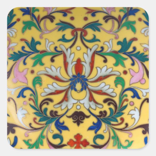 レトロヴィンテージイエローフローラミントンタイル植物学 スクエアシール (正面)