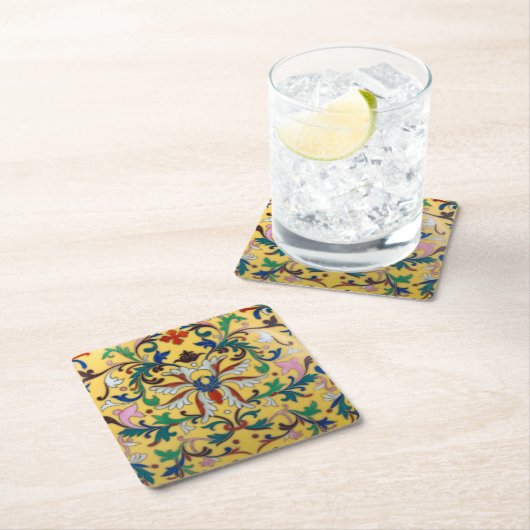 レトロヴィンテージイエローフローラミントンタイル植物学 スクエアペーパーコースター (インサイチュ)
