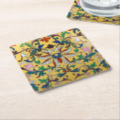 レトロヴィンテージイエローフローラミントンタイル植物学 スクエアペーパーコースター (アングル)