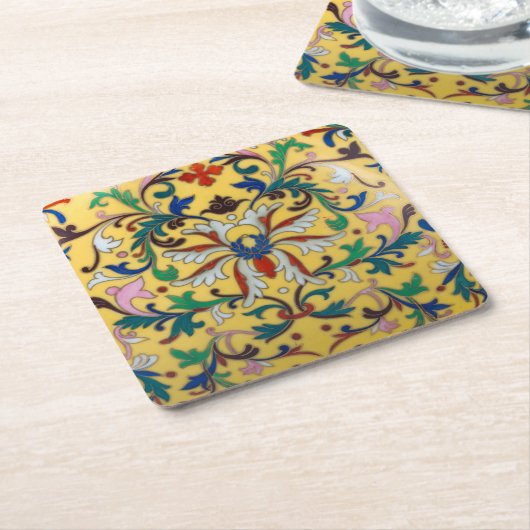 レトロヴィンテージイエローフローラミントンタイル植物学 スクエアペーパーコースター (アングル)