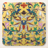 レトロヴィンテージイエローフローラミントンタイル植物学 スクエアペーパーコースター (正面)