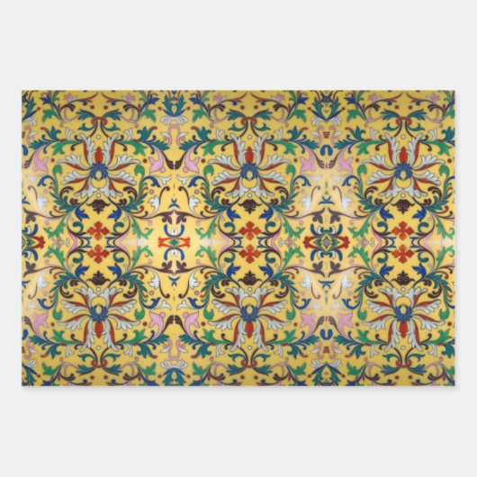 レトロヴィンテージイエローフローラミントンタイル植物学 ラッピングペーパーシート (正面3)