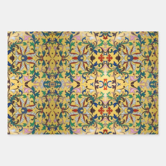 レトロヴィンテージイエローフローラミントンタイル植物学 ラッピングペーパーシート (正面)
