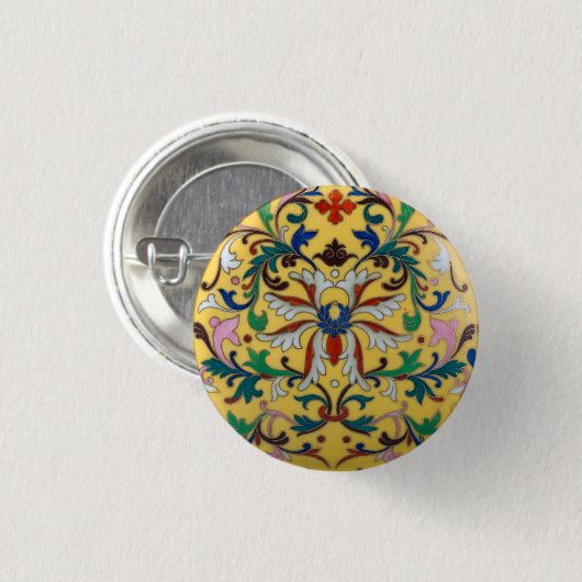 レトロヴィンテージイエローフローラミントンタイル植物学 缶バッジ (正面&裏面)