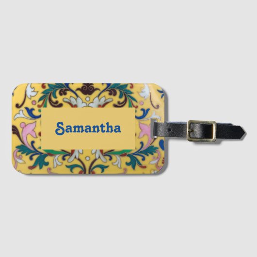 レトロヴィンテージイエローフローラ植物学パーソナライズされた ラゲッジタグ (正面横)