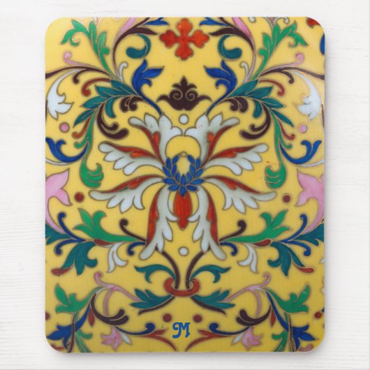 レトロヴィンテージイエローフローラ植物学モノグラムの マウスパッド (正面)