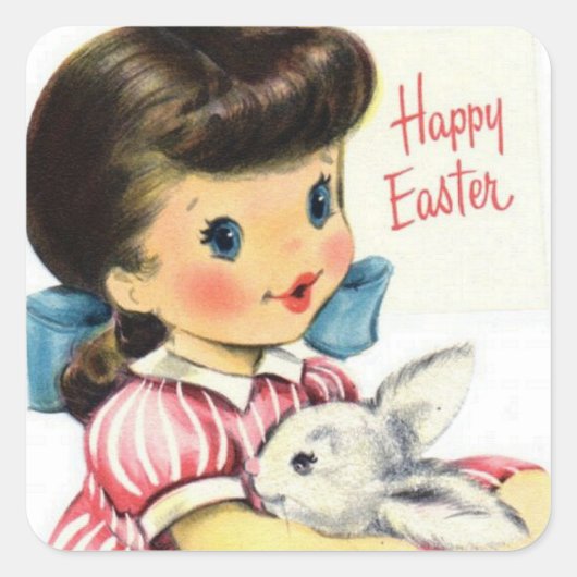 レトロヴィンテージイースターガールバニーステッカー スクエアシール (正面)