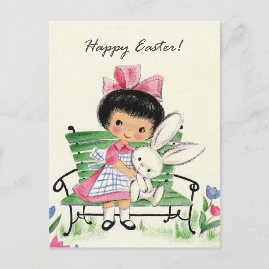 レトロヴィンテージイースターガールホリデー葉書 シーズンポストカード (正面)