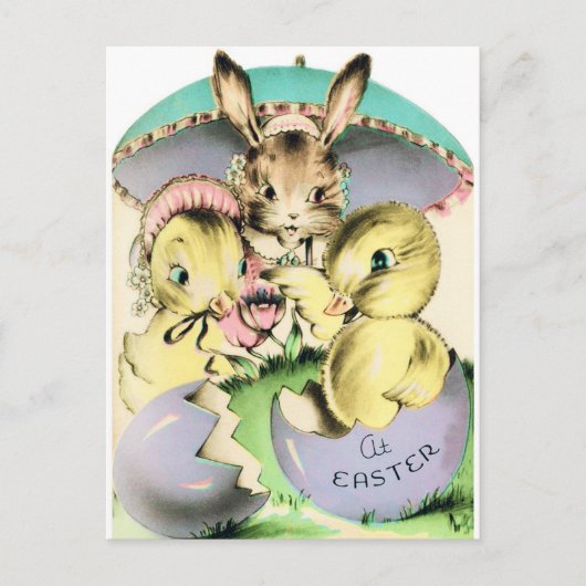レトロヴィンテージイースターバニーチックホリデーハガキ シーズンポストカード (正面)