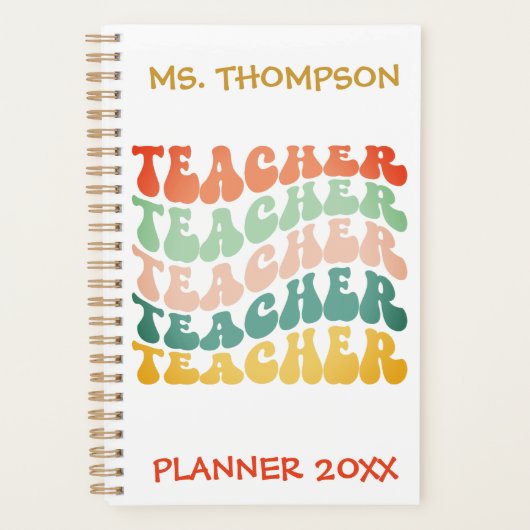 レトロヴィンテージウェーブタイポグラフィ先生名カスタム名 プランナー手帳 (正面)