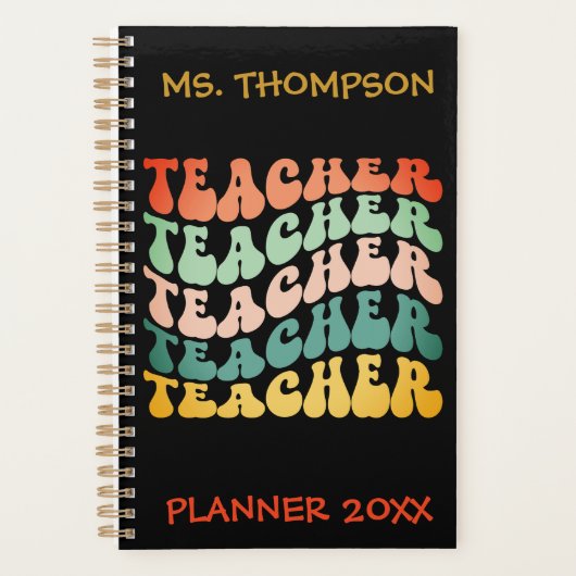 レトロヴィンテージウェーブタイポグラフィ先生名カスタム名 プランナー手帳 (正面)