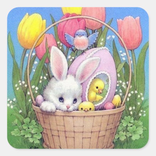 レトロヴィンテージエスタバニーホリデーステッカー スクエアシール (正面)