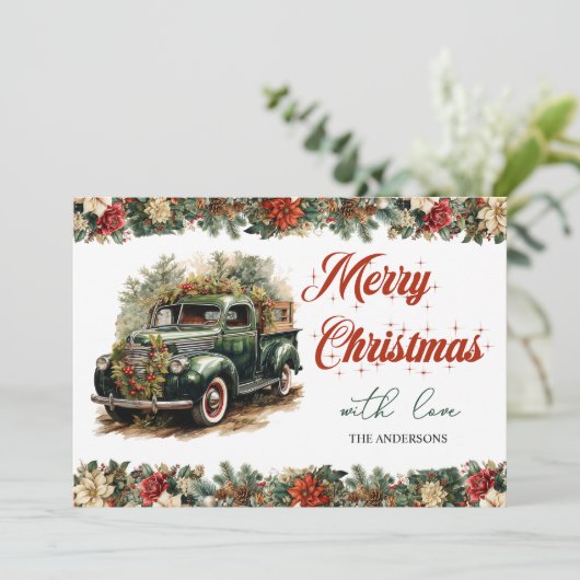 レトロヴィンテージエレガントクリスマスグリーントラック シーズンカード (スタンド正面)