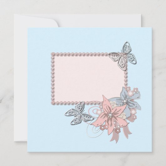 レトロヴィンテージエレガントブルーフレーム花真珠 招待状 (正面)