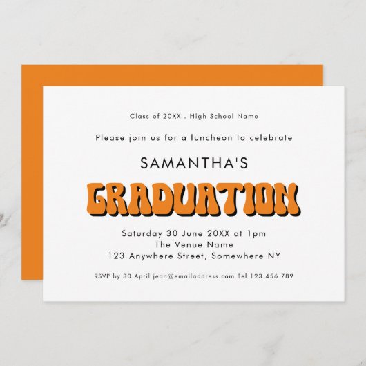 レトロヴィンテージオレンジタイポグラフィ卒業パーティー 招待状 (正面/裏面)