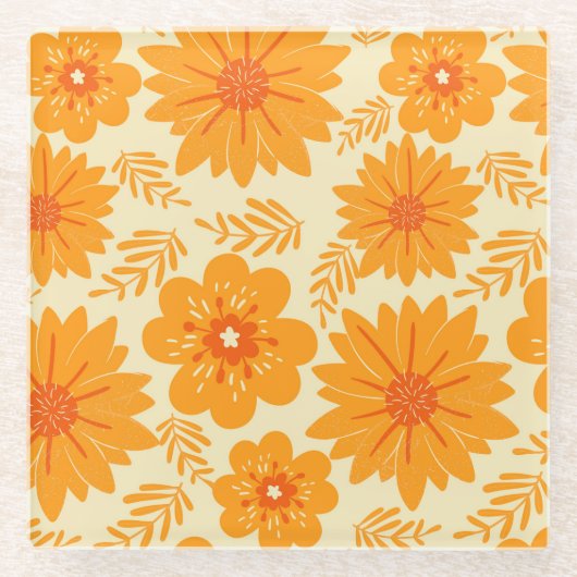 レトロヴィンテージオレンジ植物花パターン秋 ガラスコースター (正面)