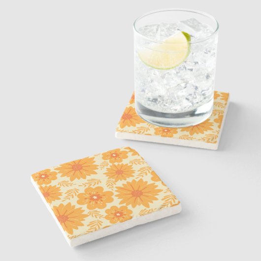 レトロヴィンテージオレンジ植物花パターン秋 ストーンコースター (横)