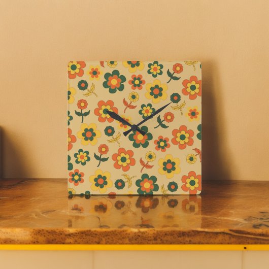 レトロヴィンテージオレンジ70s花柄 スクエア壁時計