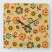 レトロヴィンテージオレンジ70s花柄 スクエア壁時計 (正面)