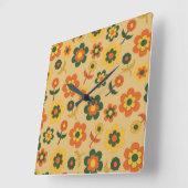 レトロヴィンテージオレンジ70s花柄 スクエア壁時計 (傾斜)