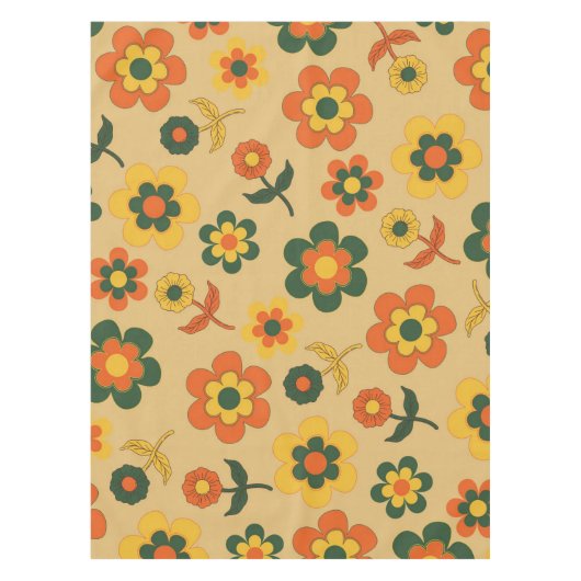 レトロヴィンテージオレンジ70s花柄 テーブルクロス (正面)