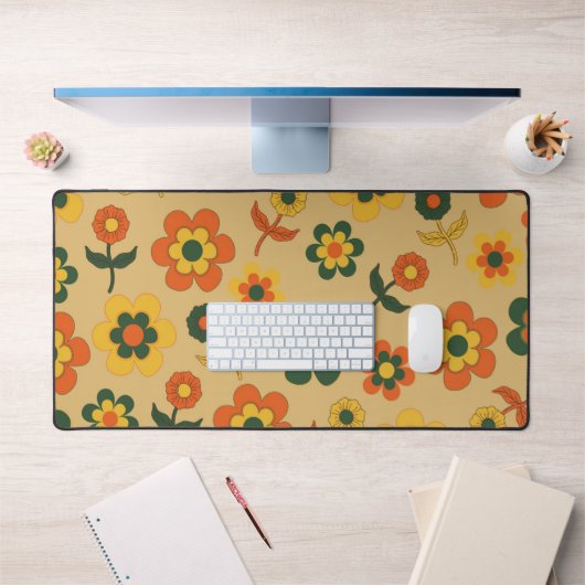 レトロヴィンテージオレンジ70s花柄 デスクマット (オフィス1)