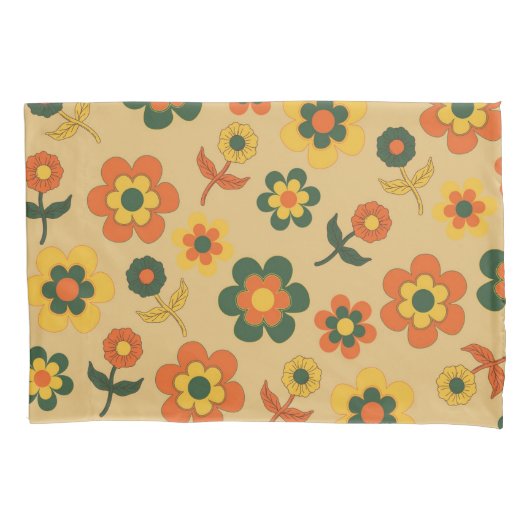 レトロヴィンテージオレンジ70s花柄 枕カバー (正面)