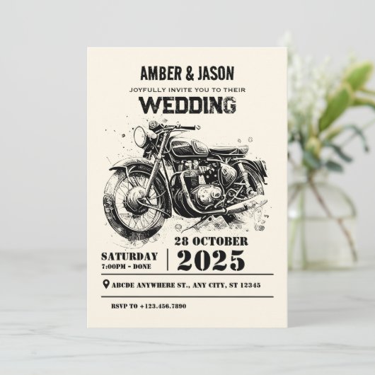 レトロヴィンテージカスタムバイクバイクもしくは自転車に乗る人結婚ズ 招待状 (スタンド正面)