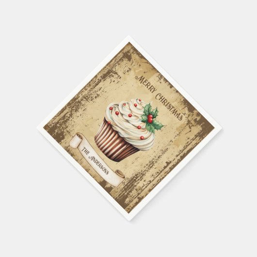 レトロヴィンテージカップケーキメリークリスマス スタンダードカクテルナプキン (角)