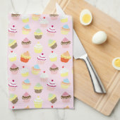 レトロヴィンテージカップケーズオンピンクスイートデザート キッチンタオル (四つ折り)