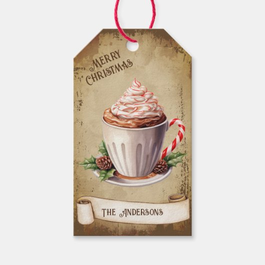 レトロヴィンテージカップペパーミントホットココアクリスマス ギフトタグ (正面)