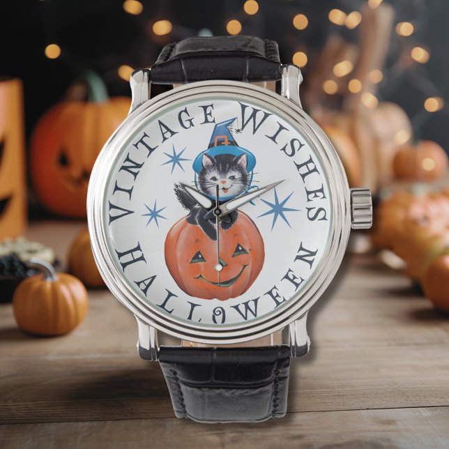 レトロヴィンテージカボチャ猫ハロウィンウィーズ 腕時計 (Retro Vintage Pumpkin Cat Halloween Wishes Watch)