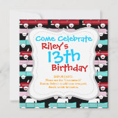 レトロヴィンテージカーズピンクレッドターコイズブルー 招待状 (正面)