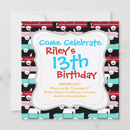 レトロヴィンテージカーズピンクレッドターコイズブルー 招待状 (正面)